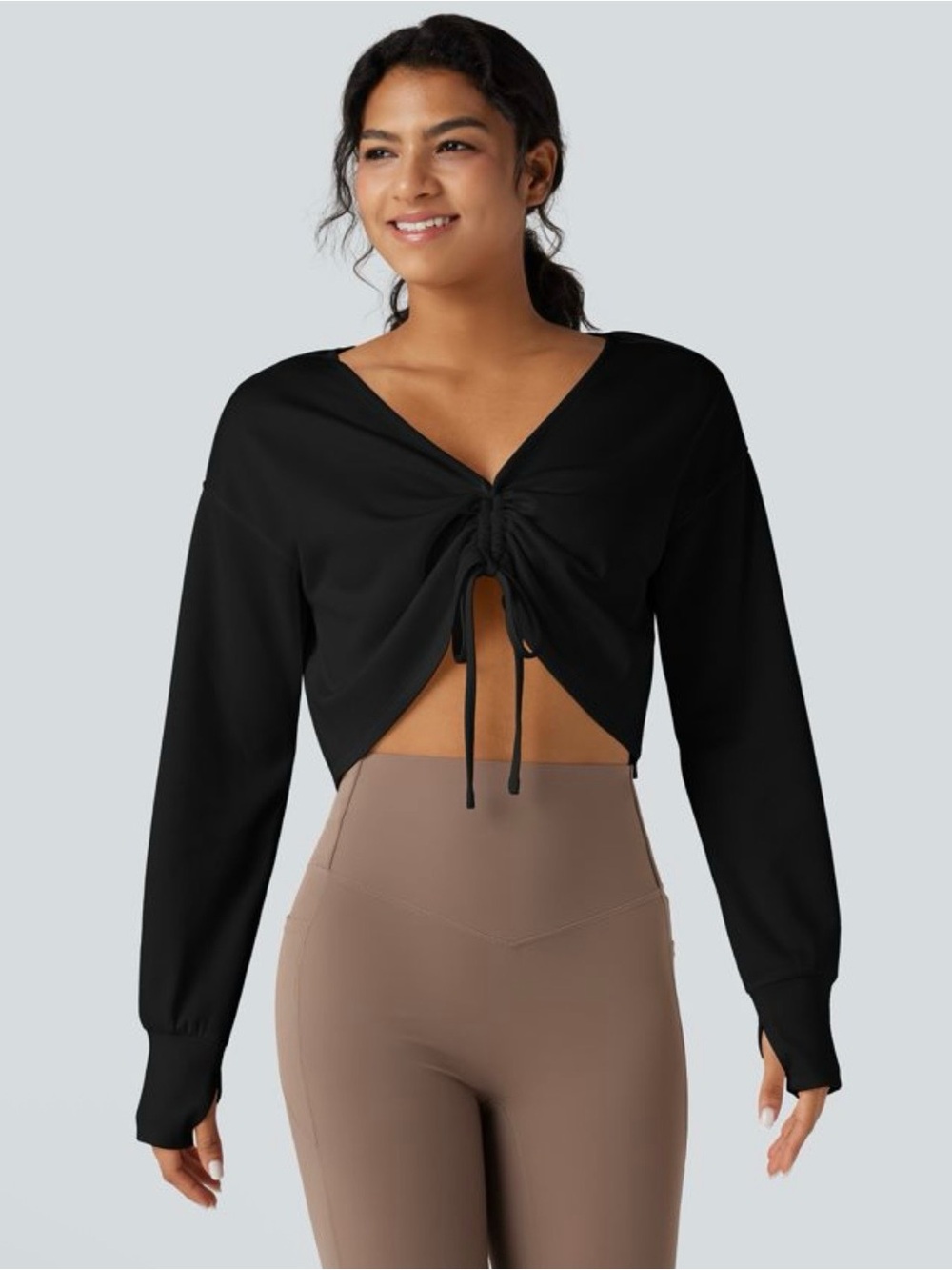 HALARA Black Cropped Drawstring Long-sleeve Top